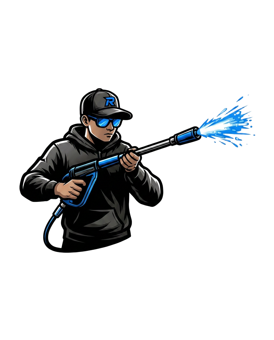 Young pressure-washing mascot in black cap and sunglasses spraying with a pressure washer wand